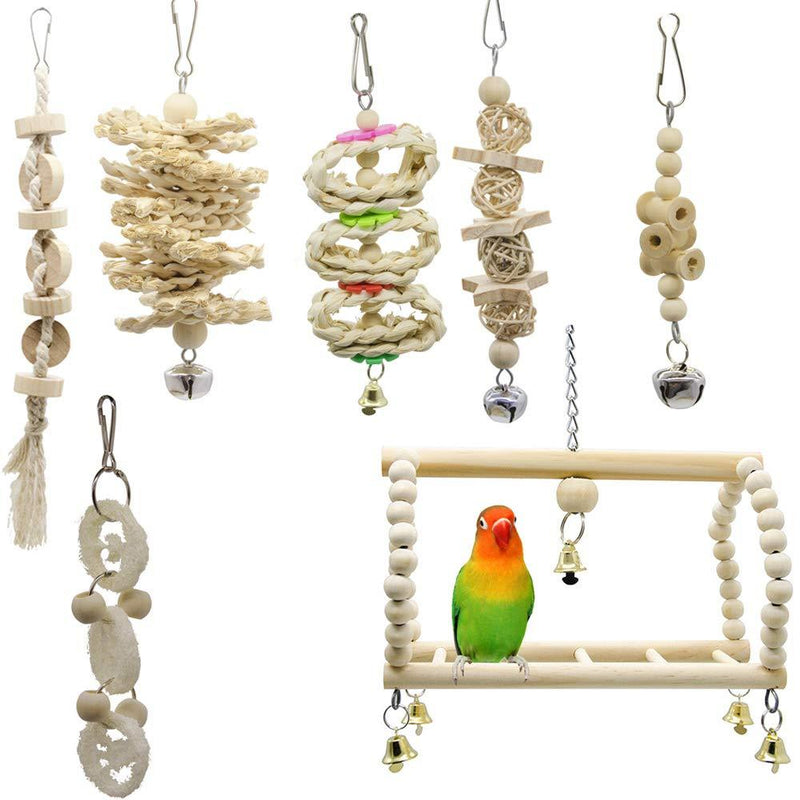 [Australia] - Aniiche Bird Parrot Toys,7 pcs Set Bird Swing Chewing Toy,Natural Wood Bird Swing Hanging Toy for Small Parakeets, Cockatiel,Finches,Budgie,Macaws, Parrots, Love Birds 