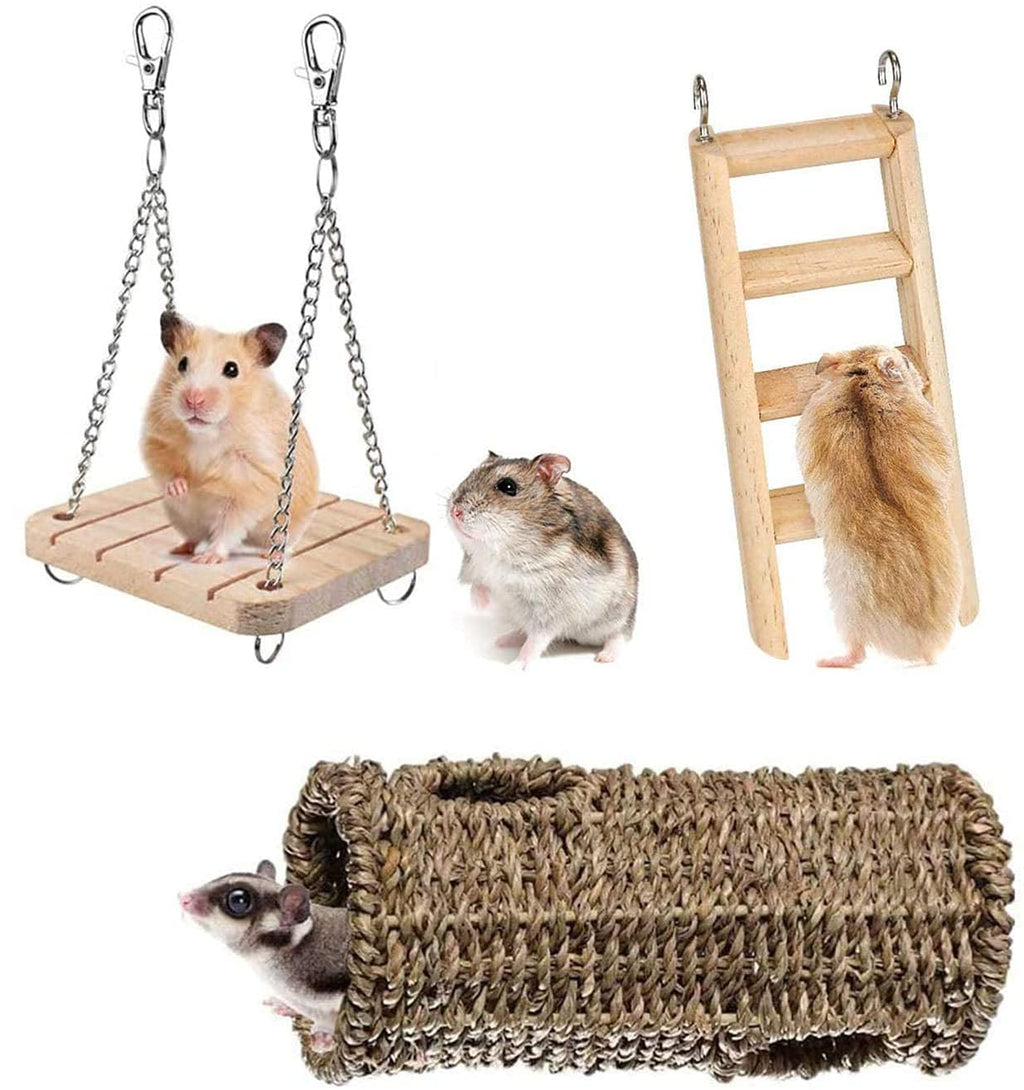 Wonninek Hamster Hanging Toy, 3 pcs Hanging Cage Toy Set with Wooden Climbing Ladder, Hammock Swing and Nest Tunnel, Small Animal Chew Toys for Guinea Pigs Chinchilla Hamster - PawsPlanet Australia