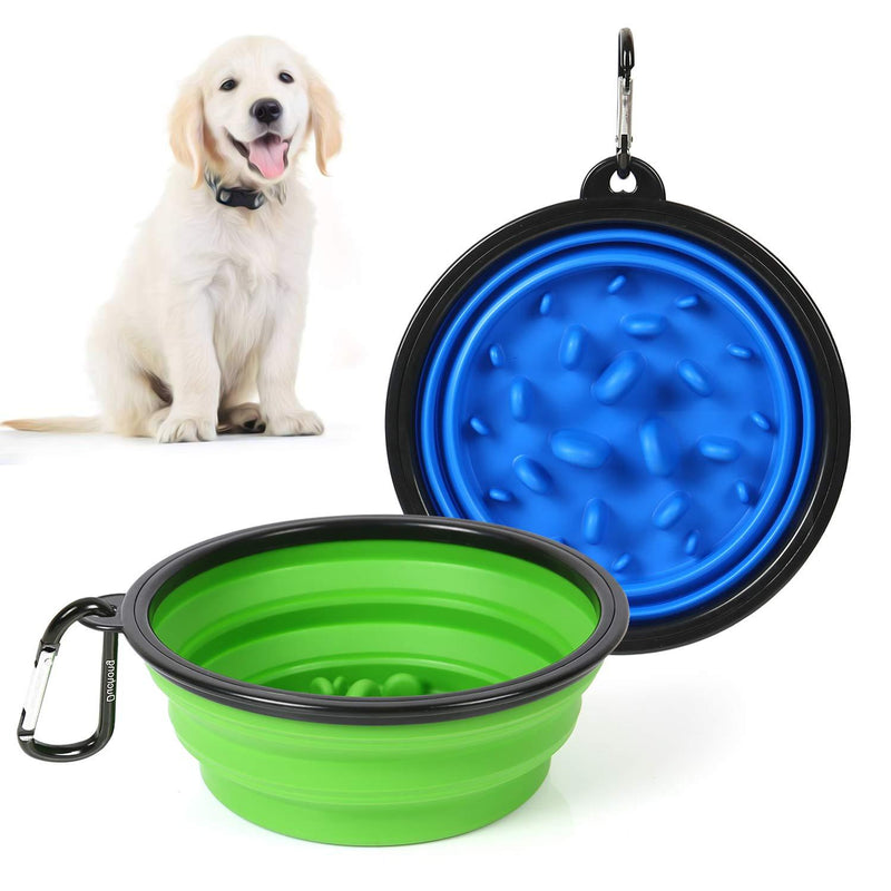 [Australia] - 2-Pack Large Collapsible Dog Bowls, 34oz Portable Slow Feeder Dog Water Bowls, Travel Pet Dish for Dogs & Cats, Blue + Green with Free Carabiner 