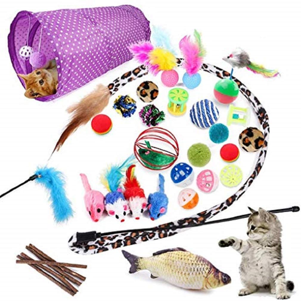 [Australia] - PURSUE 28 Pcs Cat Toys Kitten Toys Assorted, Cat Tunnel Catnip Fish Feather Teaser Wand Fish Fluffy Mouse Mice Balls and Bells Toys for Cat Puppy Kitty with Storage Bag 