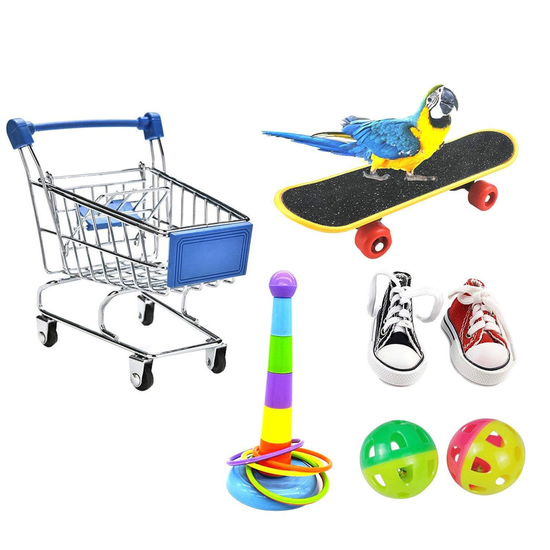 [Australia] - Parrot Toys 7PCS, Mini Shopping Cart - Training Rings - Skateboard, Shoes and Ball - Parrot Standing Training Toys Parrot Intelligence Toy for Budgie Parakeet Cockatiel Bird Toy Part (Color Random) 
