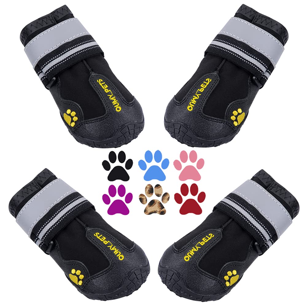 QUMY Dog Boots Waterproof Shoes for Dogs with Reflective Strips Rugged Anti-Slip Sole 4PCS/Set Black Size 2: 1.8''x2.4''(W*L) (Pack of 4) - PawsPlanet Australia