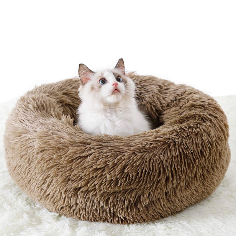 [Australia] - Rommisie Marshmallow Cat Bed, Pet Beds Cozy Fur Donut Cuddler Round Warm Bed Improved Sleep - Orthopedic Relief- Washable, Self-Warming Dog Bed for Medium Small Dogs Puppy Kitty Kitten Brown 