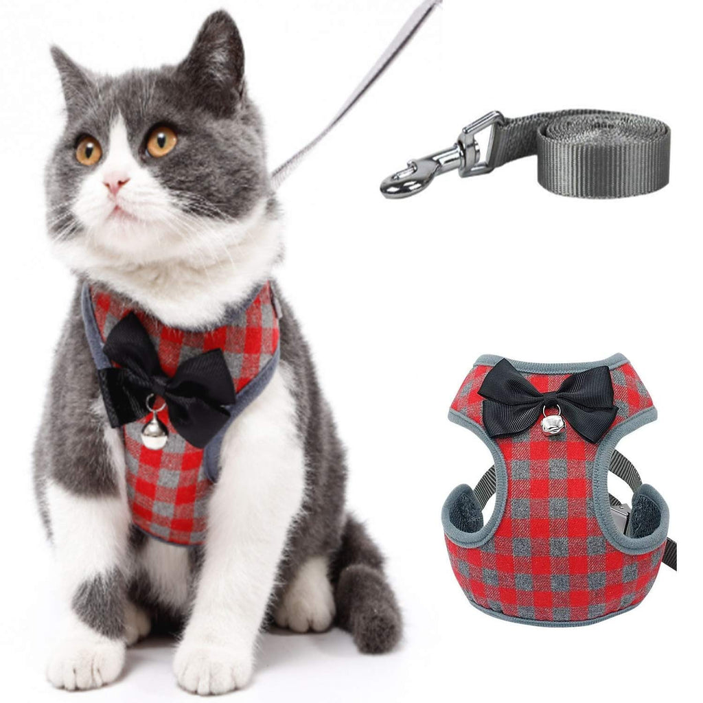 [Australia] - Aqiku Pet Harness and Leash Set for Walking Small Cat and Dog Harness, Escape Proof Soft Vest Harnesses with Bell Bow, Easy Control Breathable Pet Safety Jacket & 1 Metal Leash Ring S(Chest:7.8"-15.7") 