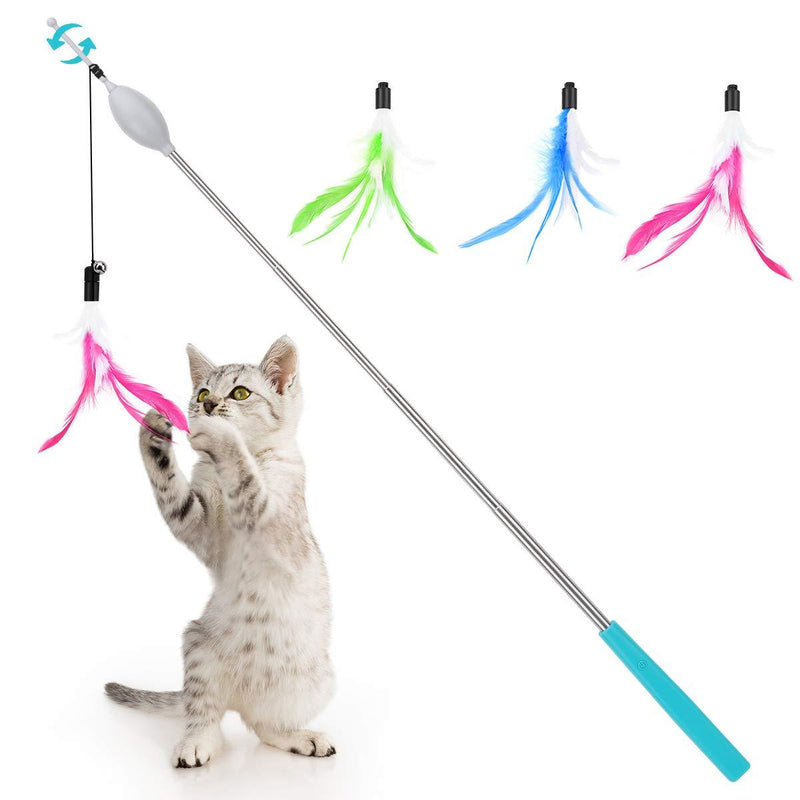 [Australia] - Lewondr Electric Cat Feather Wand 4 Section Telescopic Interactive Cat Toys Cat Stick Teaser with Bell & 3pcs Feather Flexible Cat Fishing Pole Toy Exerciser for Cat & Kitten - Blue + Green + Magenta 