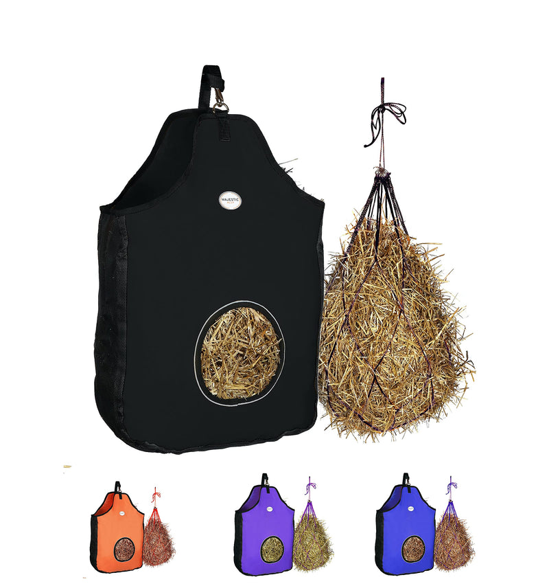 Majestic Ally 1200 D Hay Feeder Tote Bag for Horses, Sheep – Premium Quality Nylon Mesh - Reflective Trim- Simulates Grazing - Reduces Waste - Comes with 36” Hay Net. Black - PawsPlanet Australia