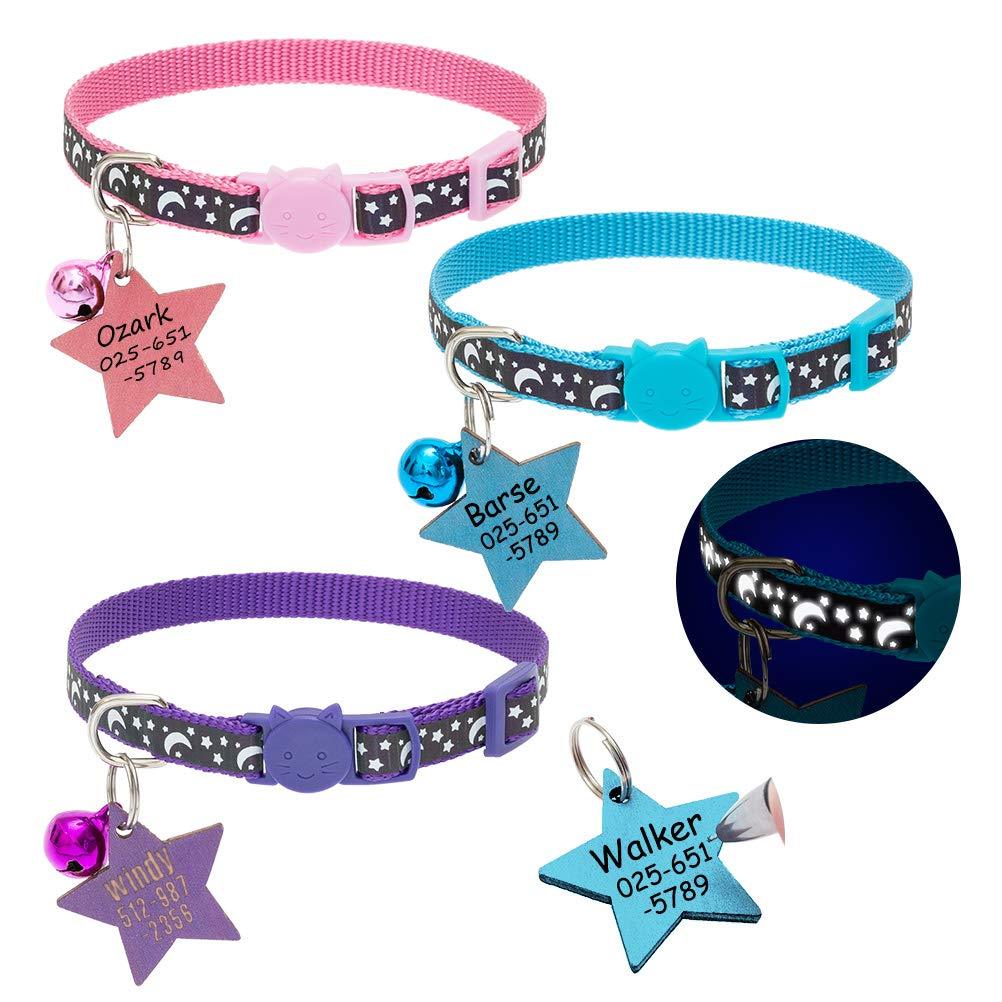 [Australia] - KOOLTAIL Cat Breakaway Collar with Bells and ID Tags Personalized - Reflective Pattern Collars with Wooden Handwriting Name Identify Tags Adjustable Safety Collars for Kitty Puppy Small Pets 