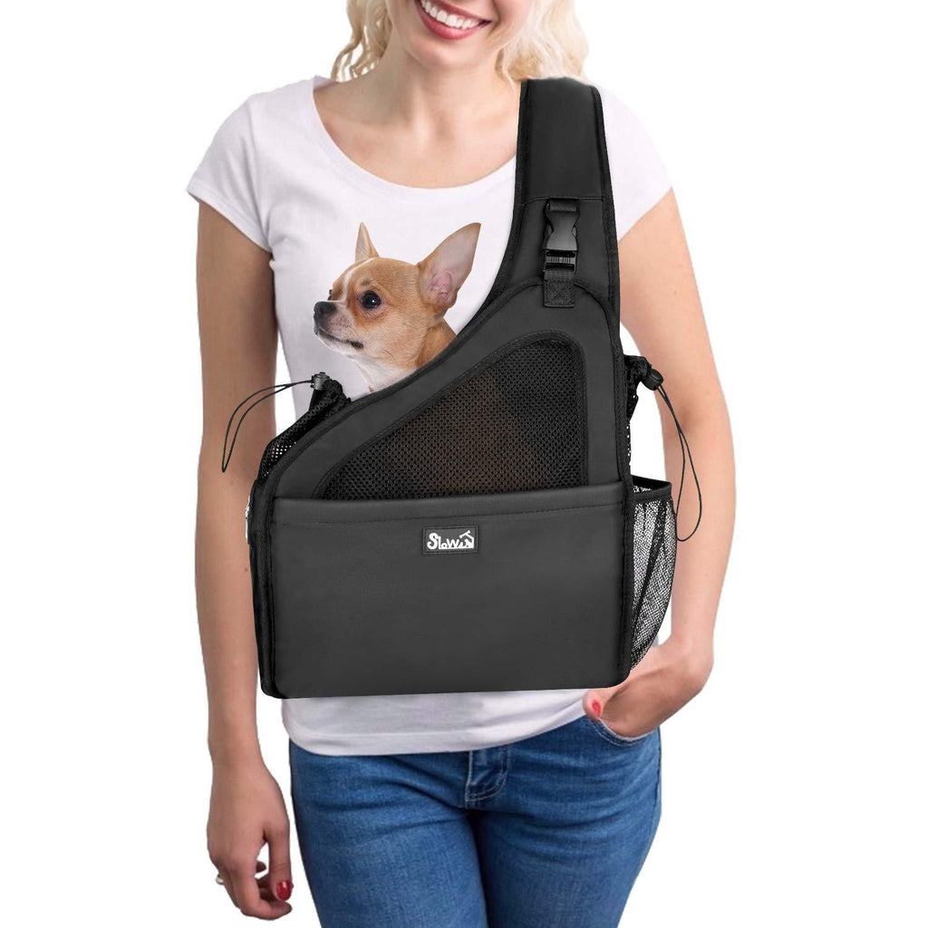 [Australia] - SlowTon Pet Dog Sling Carrier, Hands Free Papoose Small Animal Puppy Travel Bag Tote Breathable Mesh Hard Bottom Support Adjustable Padded Strap Front Pocket Safety Belt Machine Washable Black 