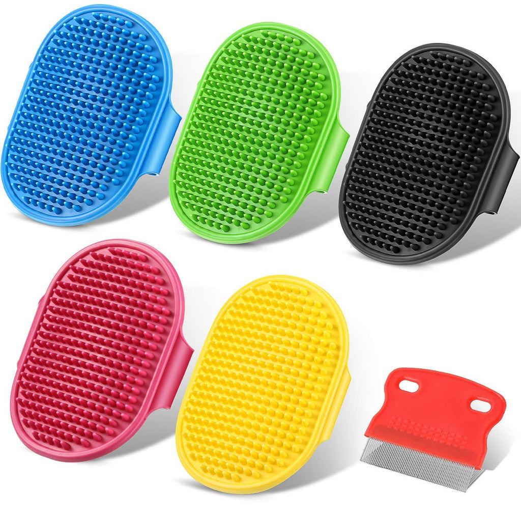 [Australia] - 5 Pieces Pet Bath Brushes Rubber Brush with 1 Piece Comb Dog Grooming Brush with Adjustable Ring Handle, Pet Shampoo Bath Brush Soothing Massage for Puppy Cats with Short or Long Hair (6 Colors) 