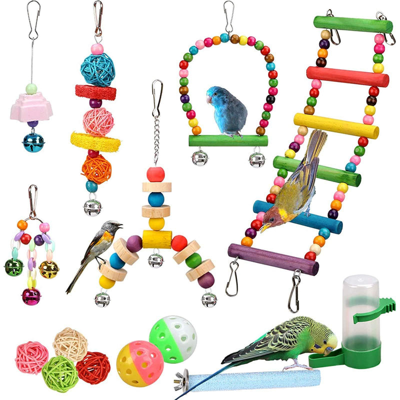 14 Pcs Bird Toys - Hanging Birds Cage Toys, Bells, Swings, Ladder, Chewing Toys, Rattan Balls, Molar, Water Feeder for Small and Medium Parrots, Parakeets, Cockatiels, Conures, Love Birds, Finches - PawsPlanet Australia