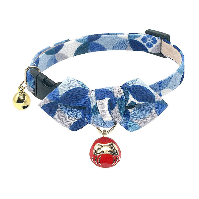 PetSoKoo Diamond Shaped Bowtie Cat Collar with Bell.Japan Lucky Daruma Charm and Cloisonne Print Crepe Fabric.Safety Breakaway.Soft & Lightweight Small (6-9.5 inch,16-24cm) Blue - PawsPlanet Australia
