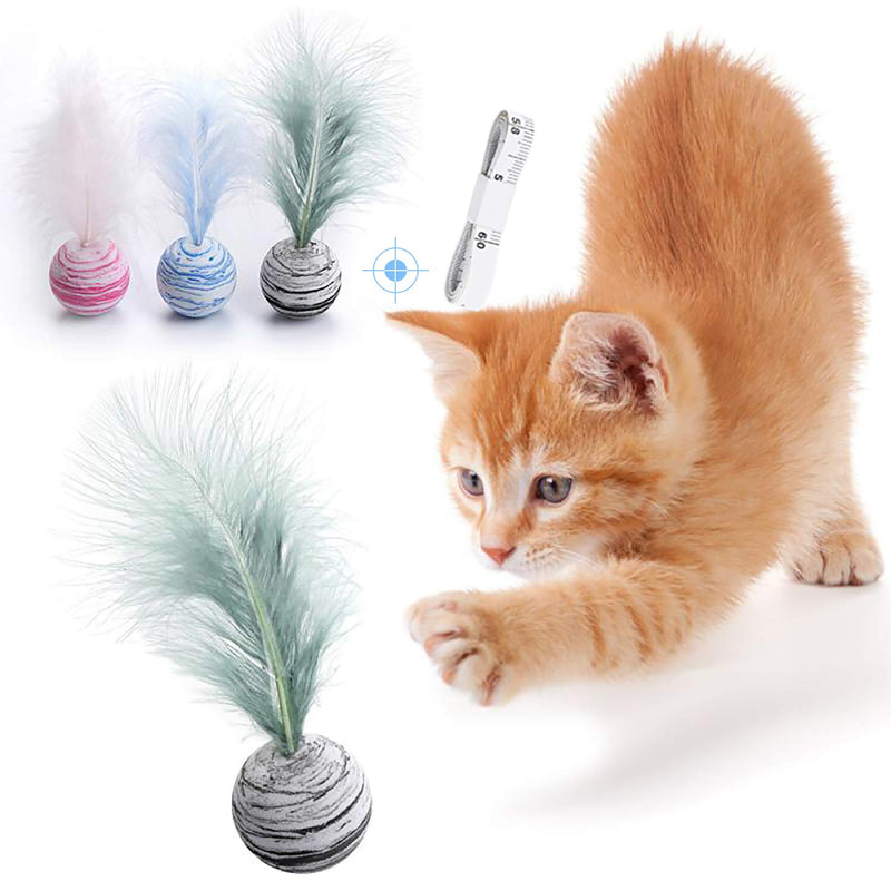 [Australia] - Kumikiwa Interactive Cat Ball Toys with Feather 3 PCS, Brightly Colored Cat Toys Satisfies Kitty's Hunting, Chasing & Exercising Needs 