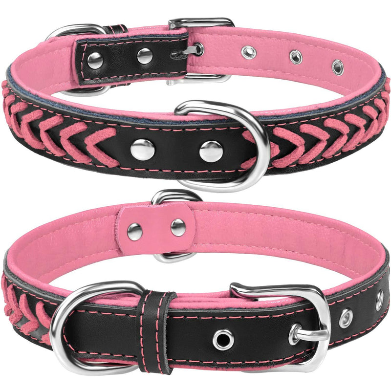 [Australia] - TagME Leather Dog Collar for Puppy, Small, Medium, Large and Extra Large Dogs, Braided Soft Padded Dog Collars with Double D-Rings 0.6" Wide for 8"-11" Neck Pink 