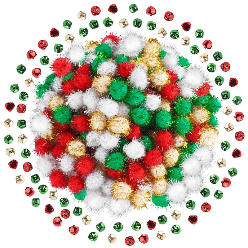 ANECO 240 Pieces Glitter Christmas Pom Poms and Christmas Jingle Bells Sparkle Pom Poms Balls Bells for Christmas Arts Crafts Supplies - PawsPlanet Australia