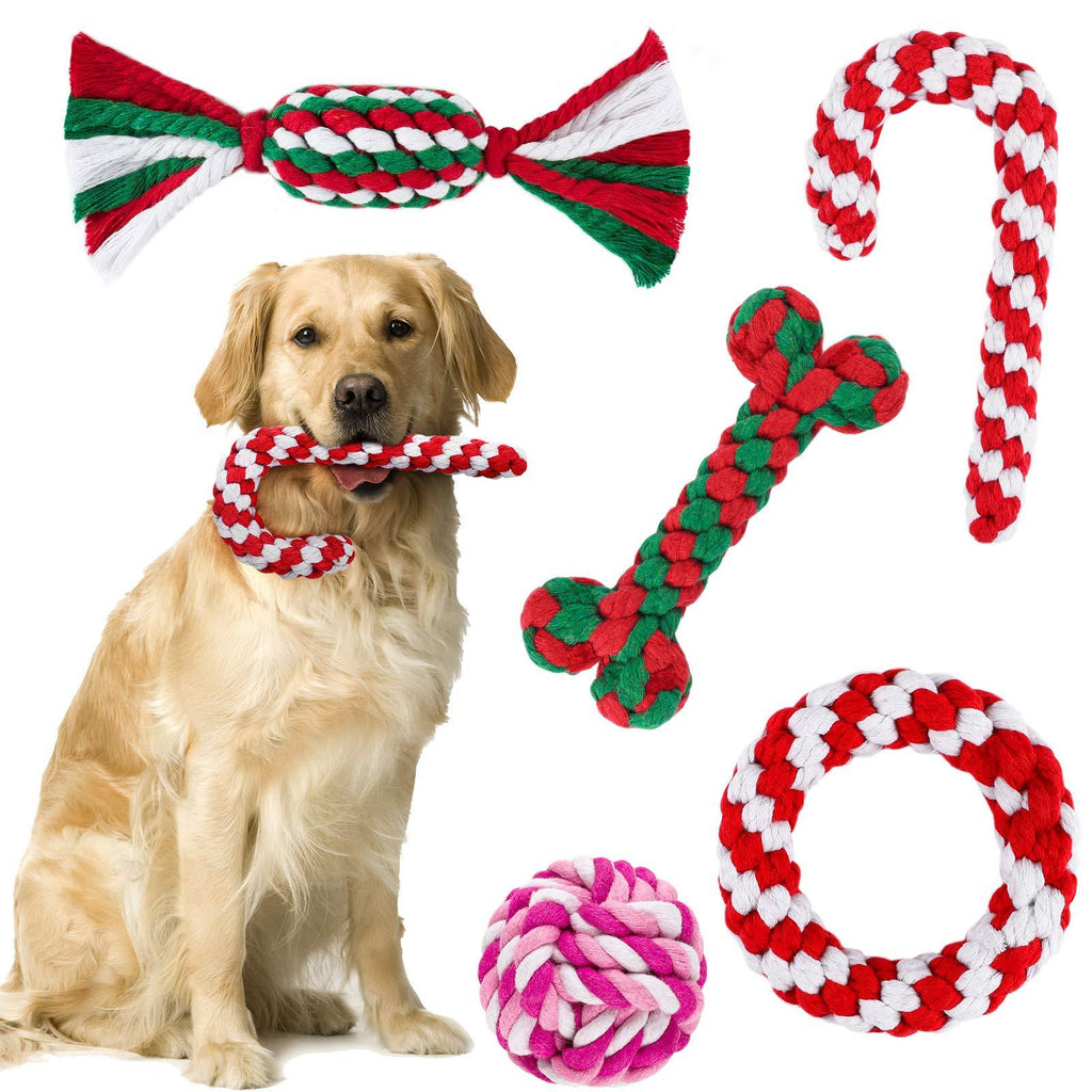 [Australia] - ADXCO 5 Pack Christmas Dog Rope Toys for Aggressive Chewable Christmas Theme Pet Chew Toys Crutch and Bone Shape for Small Medium Large Dog 
