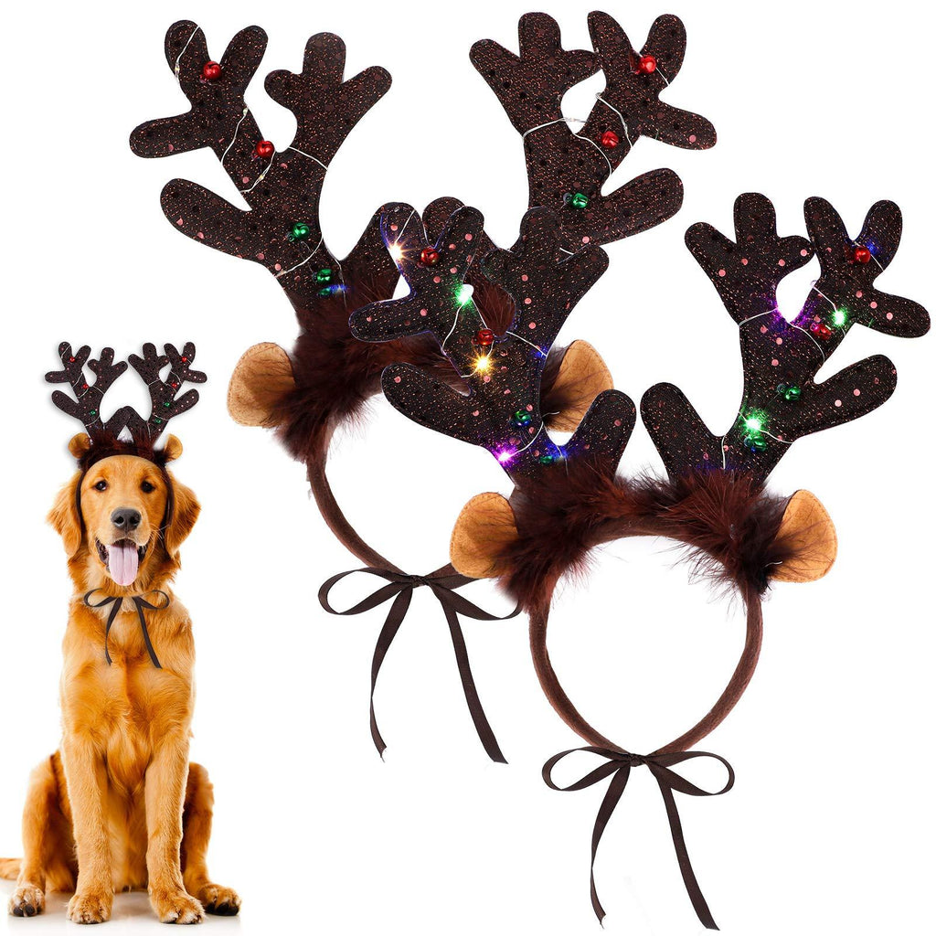 [Australia] - URATOT 2 Pack Dog Cat Light Up Christmas Reindeer Headbands LED Deer Headwear Party Hats for Pets Christmas Party Favors 