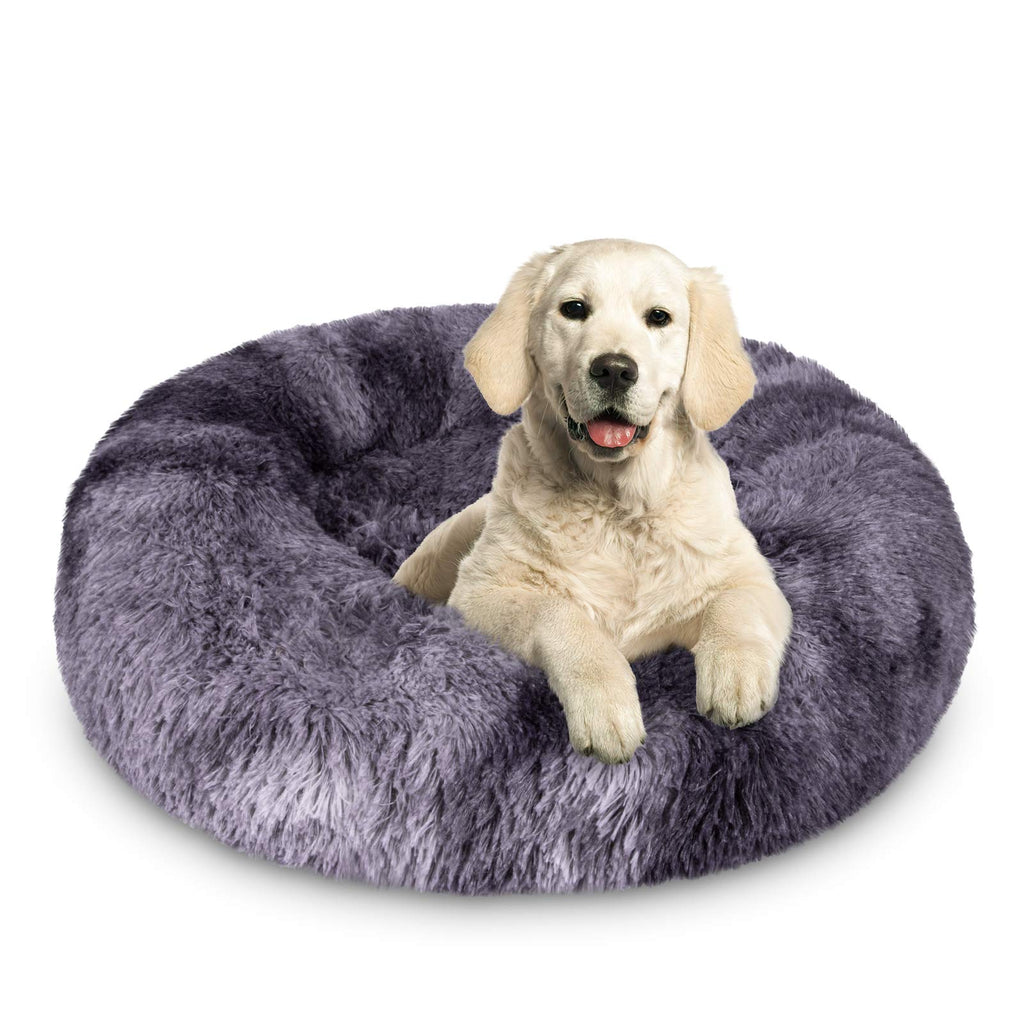 JOEJOY Calming Dog Bed Donut Cuddler, 16/20/23/30inch Round Pet Cat Bed Faux Fur Anti-Anxiety Machine Washable Fluffy Orthopedic Puppy Bed Muti-Color for Small Medium Dogs and Cats 16 inch (Outer Dia) Gray - PawsPlanet Australia