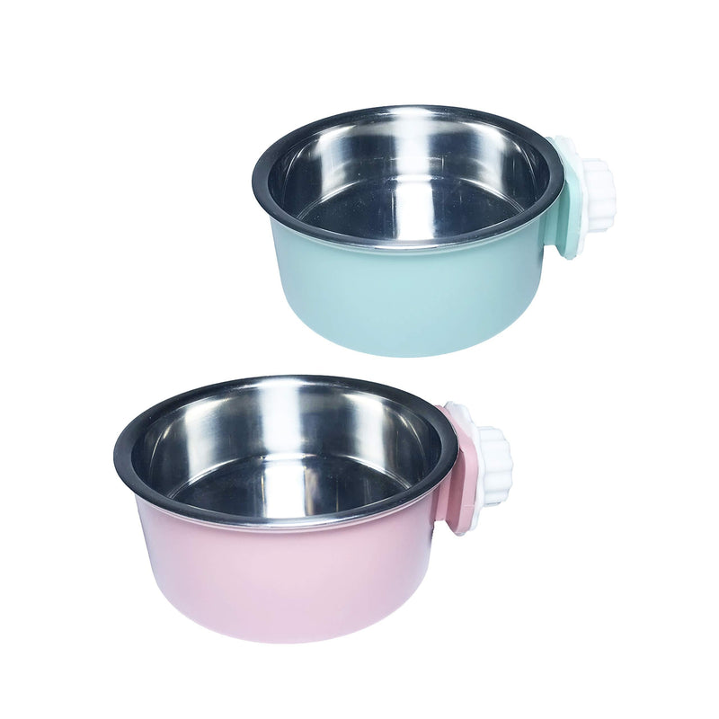 [Australia] - Bettors Pet Crate Bowl for Dog Hanging Pet Feeder Bowl Removable Stainless Steel Cage Hanging Water Food Bowl Dish with Bolt Holder for Pet Dog Cat Bird Puppies Green+Pink 