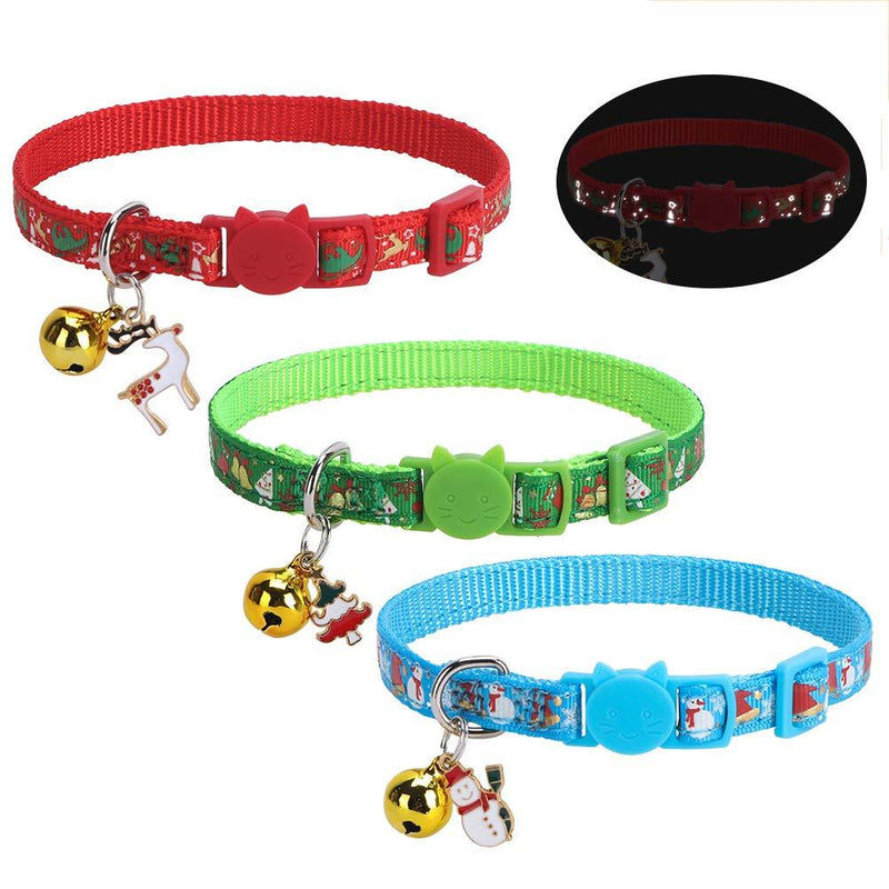 [Australia] - KOOLTAIL Cat Collar with Pendant 3 Packs - Christmas Pet Collars Glow in The Dark Golden Bell Patterns for Cats Small Dog 