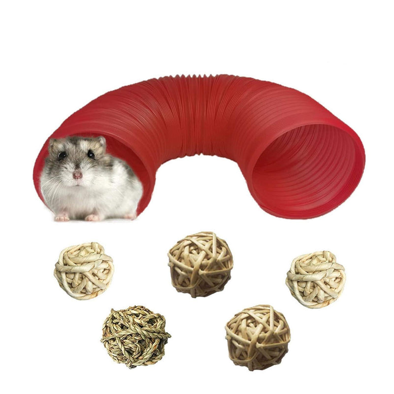 [Australia] - PINVNBY Hamster Fun Tunnels Pet Plastic Tube with 5 PCS Balls Small Animal Foldable Training Hideout Tunnels for Chinchillas,Guinea Pigs, Mouse, Rat, Gerbil and Dwarf Rabbits (Red) 