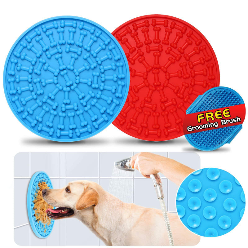 [Australia] - JinFu Cun Dog Lick Mats, 2 Pack [Blue and Red] Slow Feeding Bite Proof Silicone Peanut Butter Treat Pads and Gift Grooming Brush – Pet Distraction & Training Device for Dog Bath Medium Size 5.9 Inch 