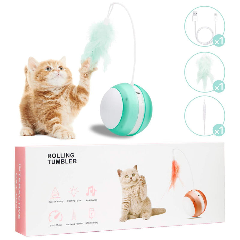 [Australia] - HeiYi Interactive Cat Toys Ball, Automatic Irregular Control USB Charging Cat Toys for Indoor Cats, Smart Robotic Random Rolling 2 Play Modes Cat Toy with 2 Replaced Feather/Led Light/Bird Sounds 