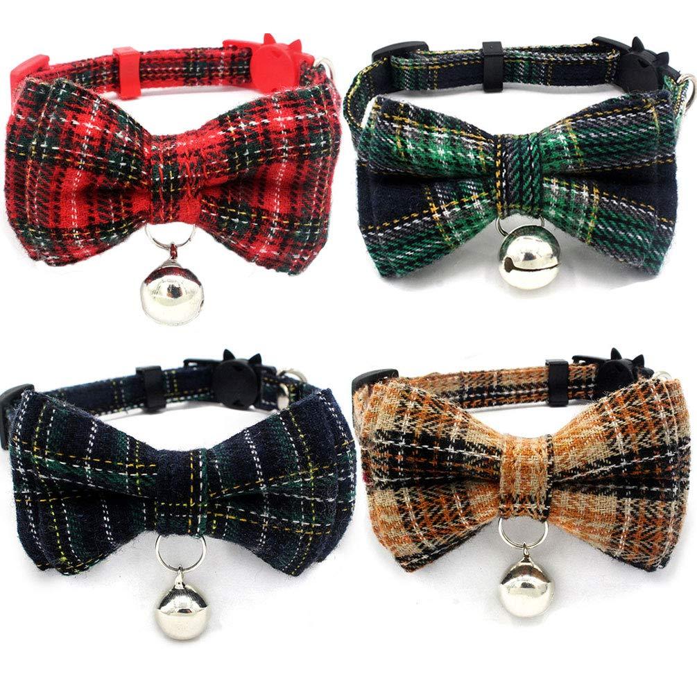 [Australia] - ChiChe Cat Collars Breakaway with Cute Bow Tie and Bell, Adjustable Plaid Patterns for Kitty and Some Puppies Black Red Yellow Green 