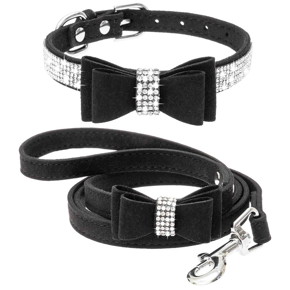 [Australia] - EXPAWLORER Bling Dog Collar with Leash Set for Dogs & Cats, Sparkling Rhinestone Bow Tie Collar and 4 Feet Leash, Crystal Soft Durable Leather Pet Collar for Daily and Party Show S (Neck:10.2"-12.4", Leash:3.9ft) Black 