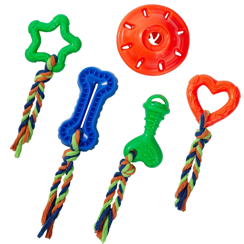 [Australia] - shuny 5 Pack Puppy Teething Chew Toys for Small Dogs,Durable Puppy Biting Toys for Teeth Cleaning with Rope and Food Treat Dispensing Ball 