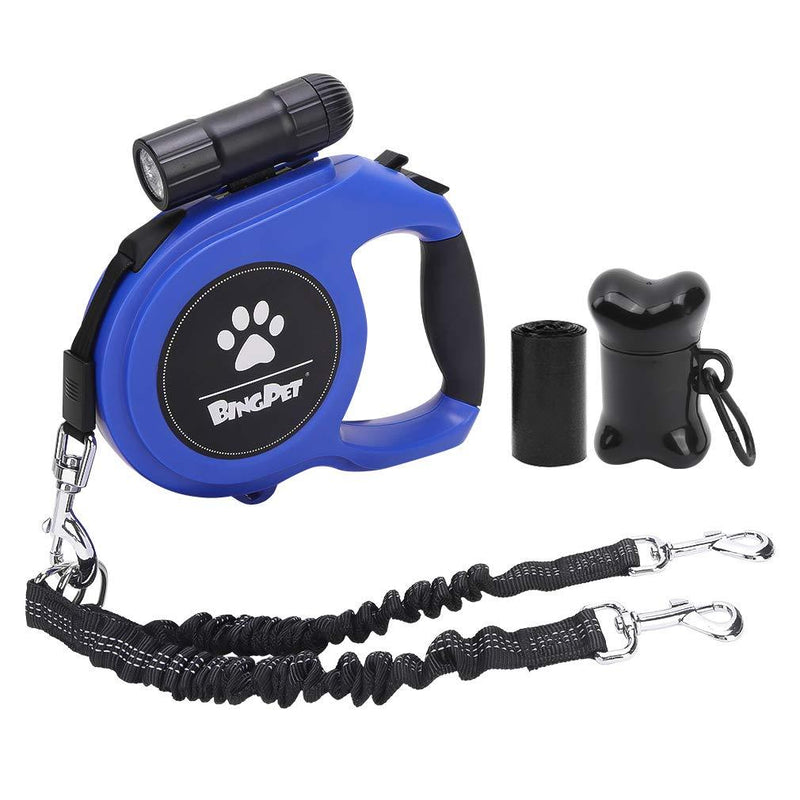 BINGPET Dual Retractable Dog Leash - 26ft Heavy Duty Double-Head Lockable Extendable Pet Leash with LED Flashlight, Poop Bags, Reflective Elastic Rope for Dogs Walking, Up to 110 lbs Blue - PawsPlanet Australia