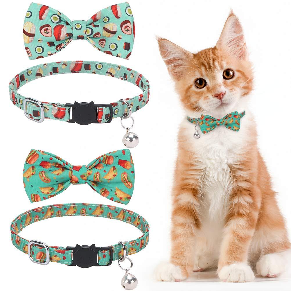 [Australia] - KOOLTAIL Cat Collars Breakaway with Bells - 2 Pack Bowtie Cat Collar with Cute Sushi & Hamburger Patterns, Kitten Neck Accessories for Daily Wearing 