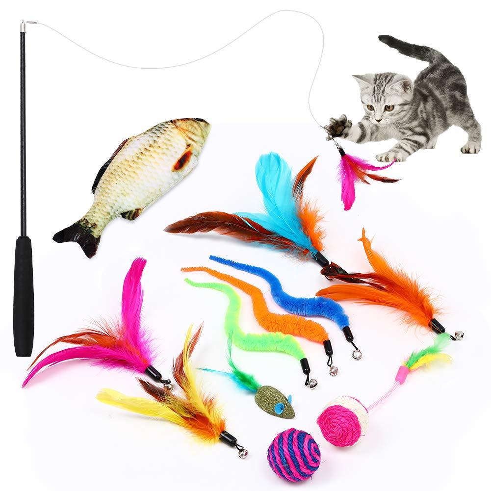 [Australia] - Easeou Cat Toys for Indoor Cats, 12 PCS Retractable Kitten Feather Toys for Indoor Cats, Catnip Fish,Mice Cat Wand Toys, Interactive Catcher Teaser and Funny Exercise Balls and Bells 