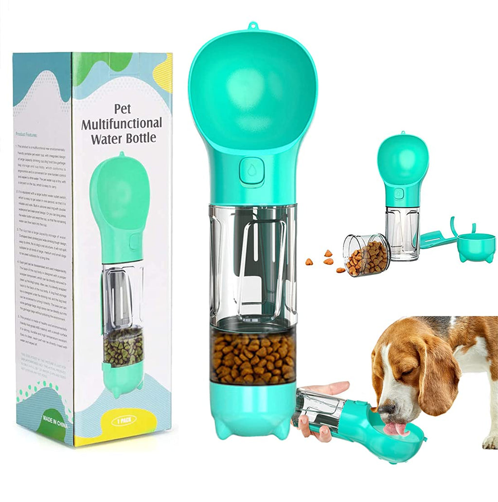 Browfin 4 in 1 Dog Water Bottle, Pet Portable Water Bottle with 300ML Water Tank, Dog Food Storage, Poop Shovel & Garbage Bag, Leak Proof Button Design, Lightweight & Portable for Travel, Camping - PawsPlanet Australia