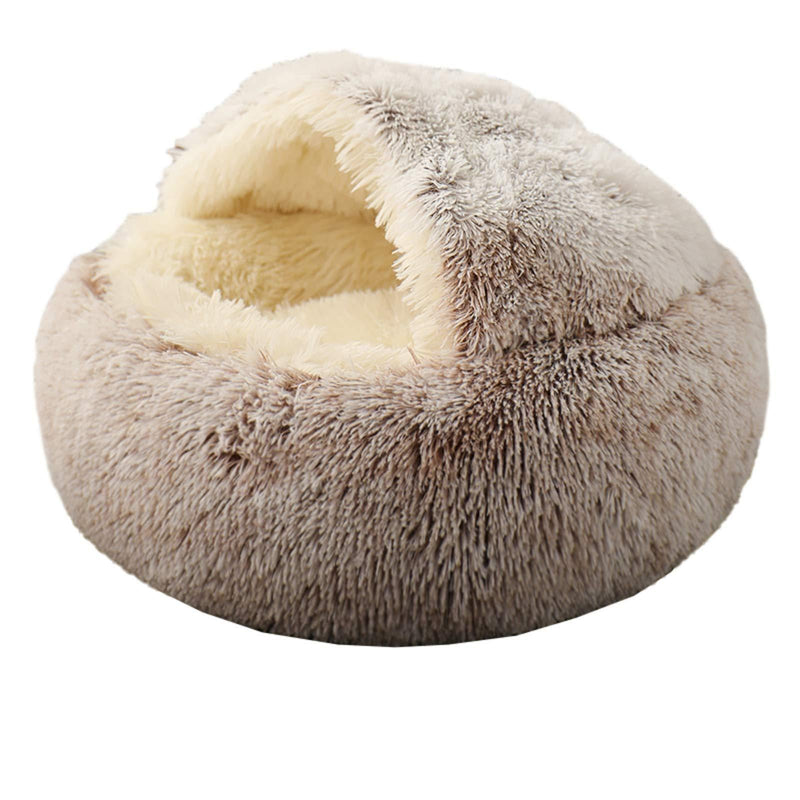Rainlin Pet Bed- Round Soft Plush Burrowing Cave Hooded Cat Bed Donut for Dogs & Cats, Faux Fur Cuddler Round Comfortable Self Warming Indoor Sleeping Bed Coffee (19.7"x19.7") S (19.7"D x 6.3"H) - PawsPlanet Australia