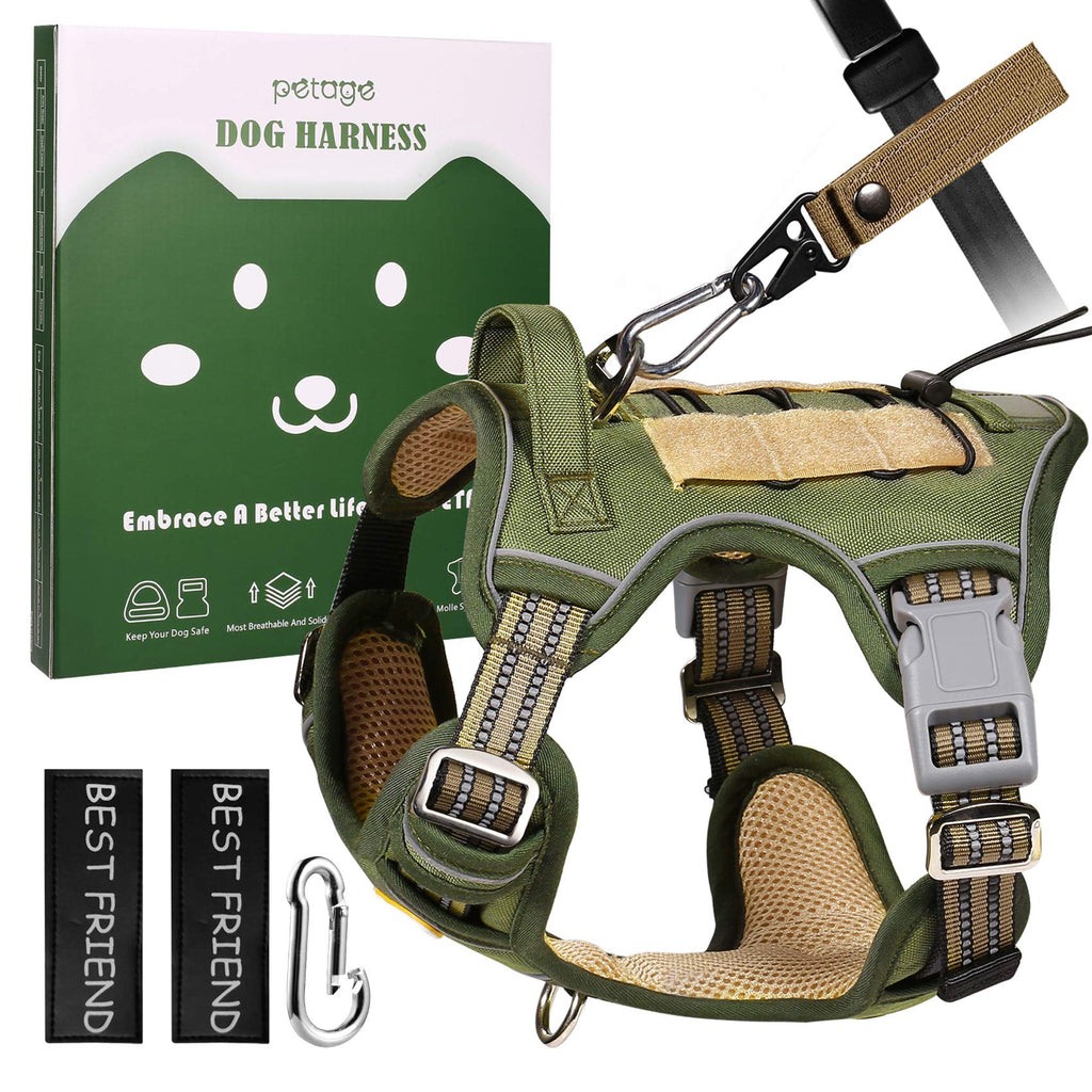 [Australia] - PETAGE Tactical Service Dog Harness No Pull, Reflective Military Dog Harness with Handle, Service Dog Vest with Pet Safety Belt, Adjustable Working Pet Vest Easy Control for Small Medium Large Dogs S(Neck:14-20",Chest:18-25") Army Green 