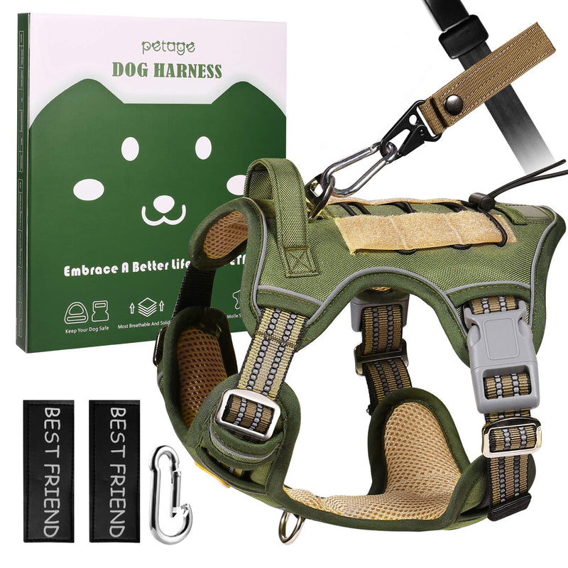 [Australia] - PETAGE Tactical Service Dog Harness No Pull, Reflective Military Dog Harness with Handle, Service Dog Vest with Pet Safety Belt, Adjustable Working Pet Vest Easy Control for Small Medium Large Dogs S(Neck:14-20",Chest:18-25") Army Green 