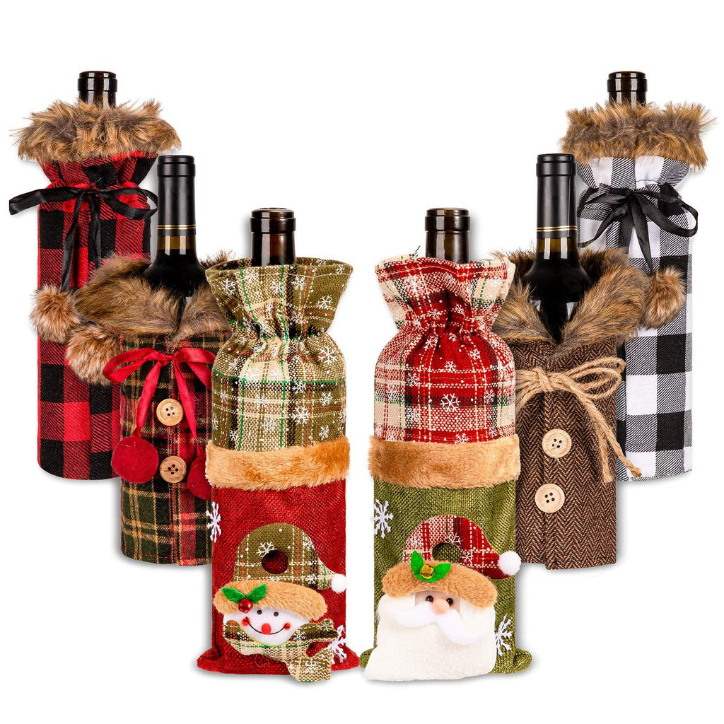 Whaline 6Pcs Sweater Christmas Wine Bottle Cover Fur Bottle Holder Xmas Champagne Bottle Dress Plaid Drink Sleeves Button Bow knot for Christmas Decoration New Year Party Winter Supplies - PawsPlanet Australia