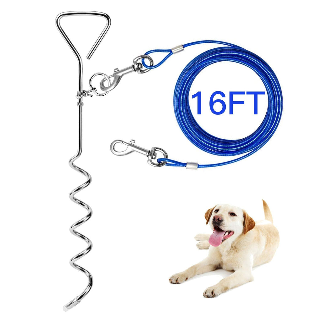 Dog Tie Out Cable and Stake, 16ft Outside Dog Leash&Chain for Camping and Yard, 16'' Heavy Duty Anti Rust Spiral Stake for Medium-Large Dogs Up to 125 lbs - PawsPlanet Australia