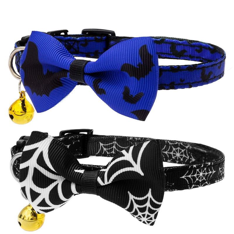 [Australia] - Halloween Cat Collar - Personalized Bow Tie Cute Collars with Bell, Bat & Spider Web Pattern Soft Nylon Collars, Adjustable Breakaway Safety for Small, Medium, Large Cats(Black&Blue) 