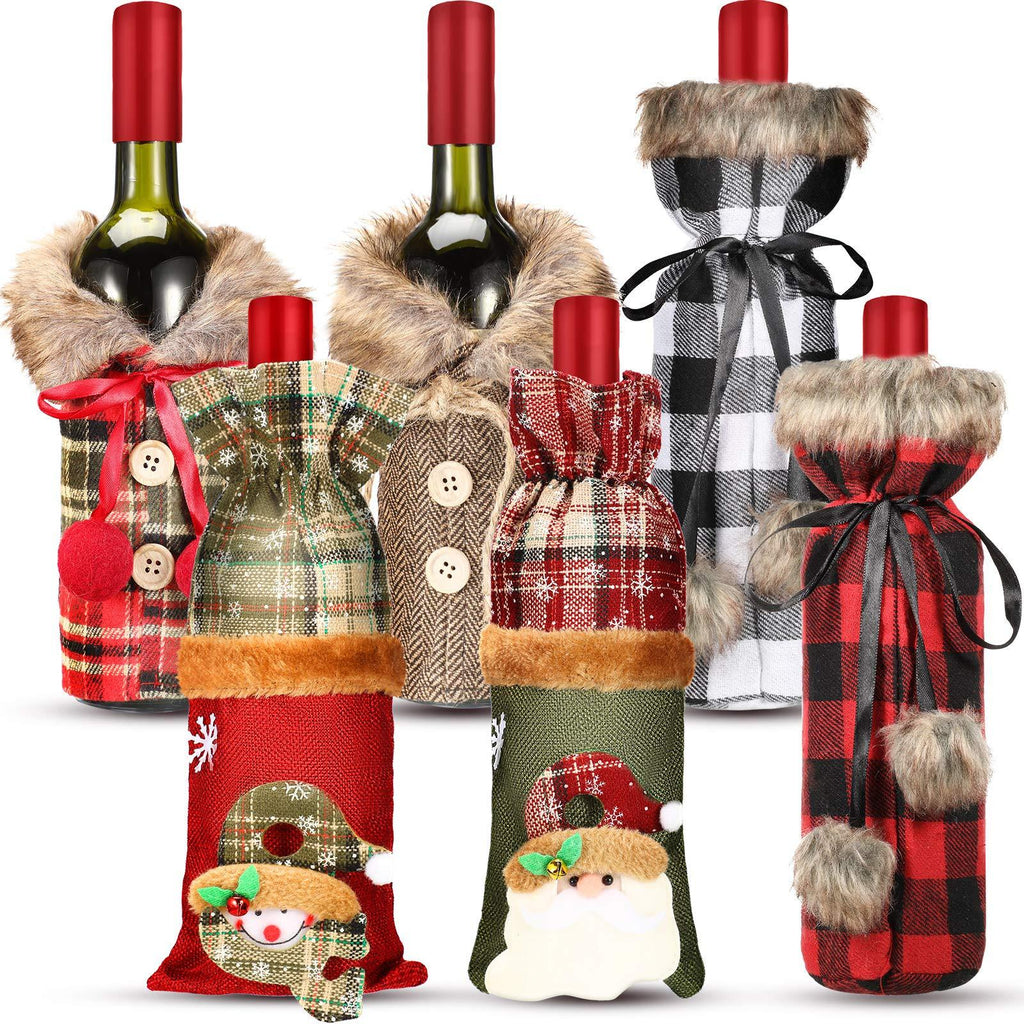 Patelai 6 Pieces Christmas Sweater Wine Bottle Cover Buffalo Plaid Wine Bottle Bags Snowman Santa Vintage Wine Bottle Present Covers for Xmas Christmas Party Decorations - PawsPlanet Australia