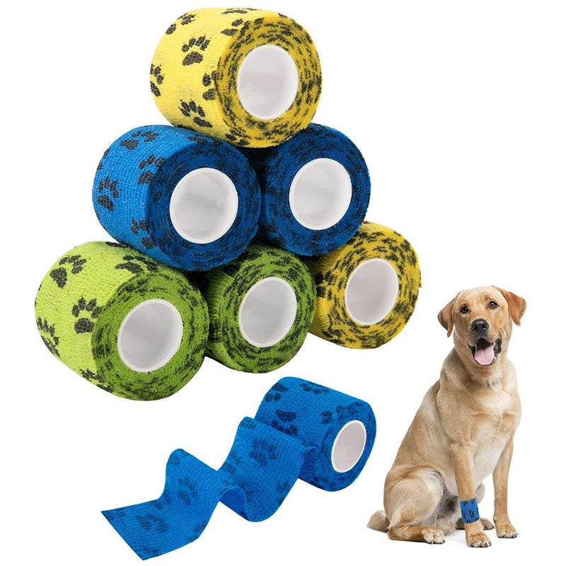 SlowTon Pet Self Adhesive Bandage, 6 Rolls Pet Vet Wrap Tape Non-Woven Cohesive Gauze Rolls for Dog Cat Animals Sport Tape for Wrist Healing Ankle Sprain & Swelling, 2” x 5 Yards Each After Stretched W 5cm 6pcs paw mixed color - PawsPlanet Australia