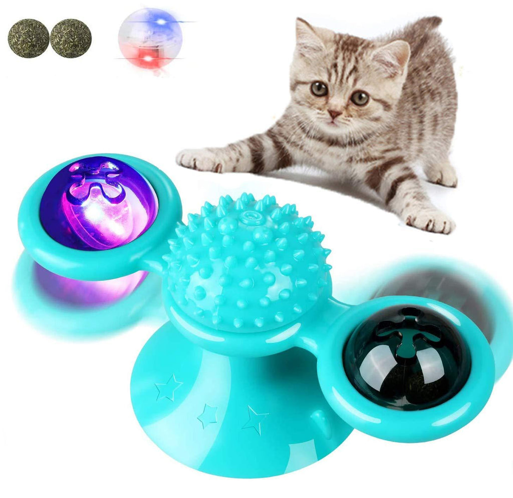 [Australia] - Windmill Cat Toy, Interactive Toys for Indoor Cats, Catnip Toys with Suction Cup LED Light Ball, Kitten Toys Durable Toothbrush Chew Toys Blue 