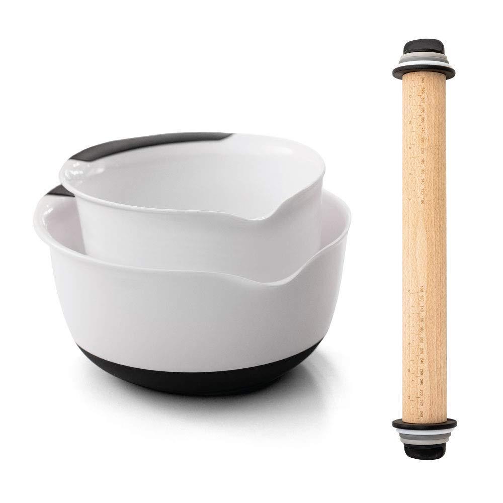 Gorilla Grip Mixing Bowl Set of 2 and Rolling Pin, Includes Removable Thickness Measuring Rings, Mixing Bowls Include 5 QT and 3 QT Sizes in White Color, , 2 Item Kitchen Bundle - PawsPlanet Australia