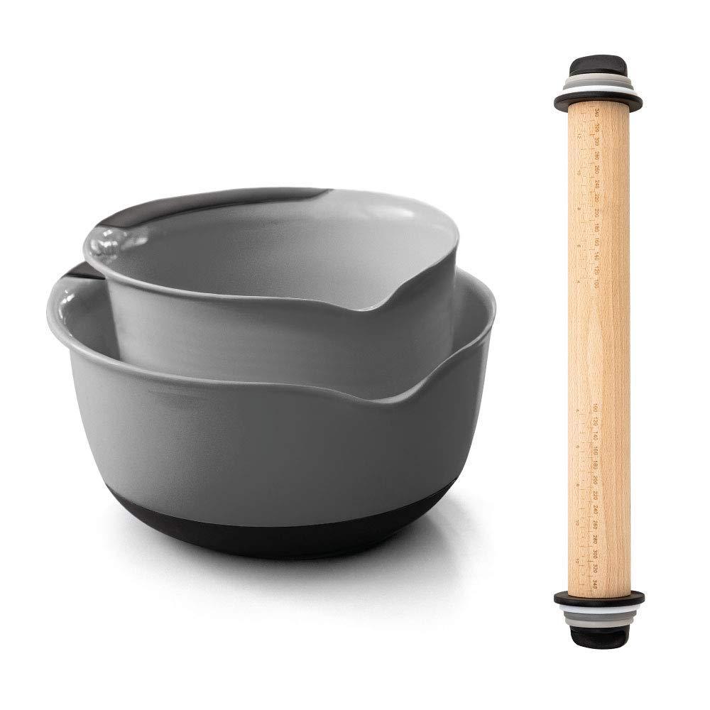 Gorilla Grip Mixing Bowl Set of 2 and Rolling Pin, Includes Removable Thickness Measuring Rings, Mixing Bowls Include 5 QT and 3 QT Sizes in Gray Color, , 2 Item Ki - PawsPlanet Australia