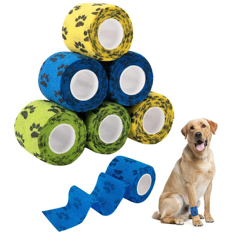 Nasjac Pet Self Adhesive Bandage, 6 Rolls Pet Vet Wrap Tape Non-Woven Cohesive Gauze Rolls for Wrist Healing Ankle Sprain & Swelling, 2” x 5 Yards Each After Stretched (6 Rolls, Dog's paws) - PawsPlanet Australia
