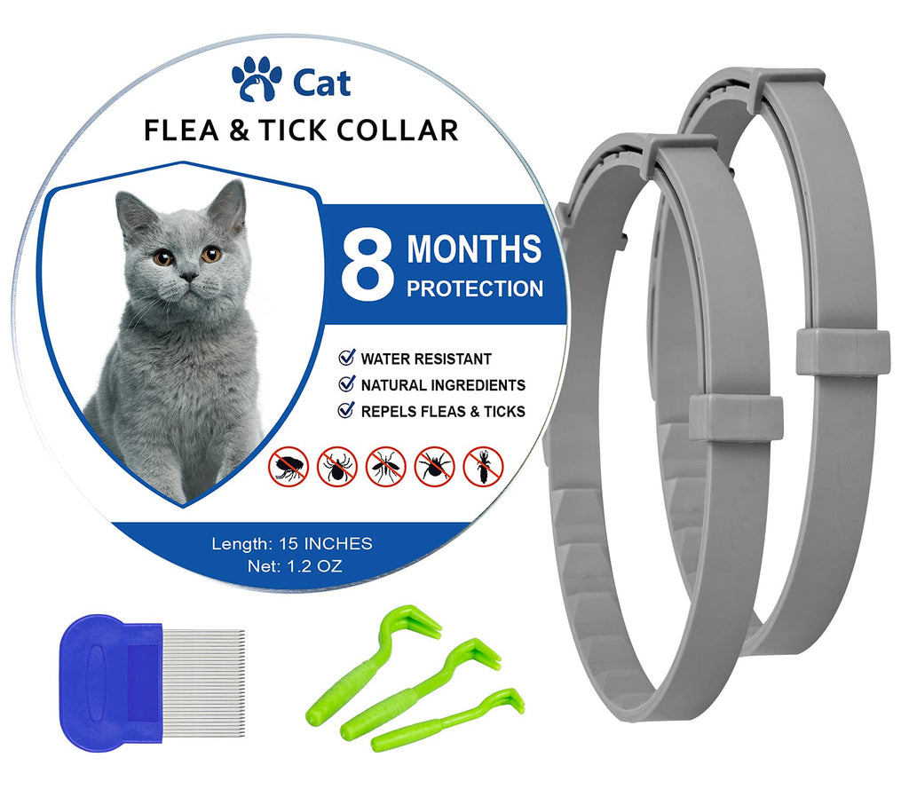 Pets vv 2 Pack Cat Flea Collar, Natural Adjustable Flea and Tick Collar for Cats with 8-Month Allergy Free and Hypoallergenic, Waterproof Cat Flea and Tick Collar, 15 Inches - PawsPlanet Australia