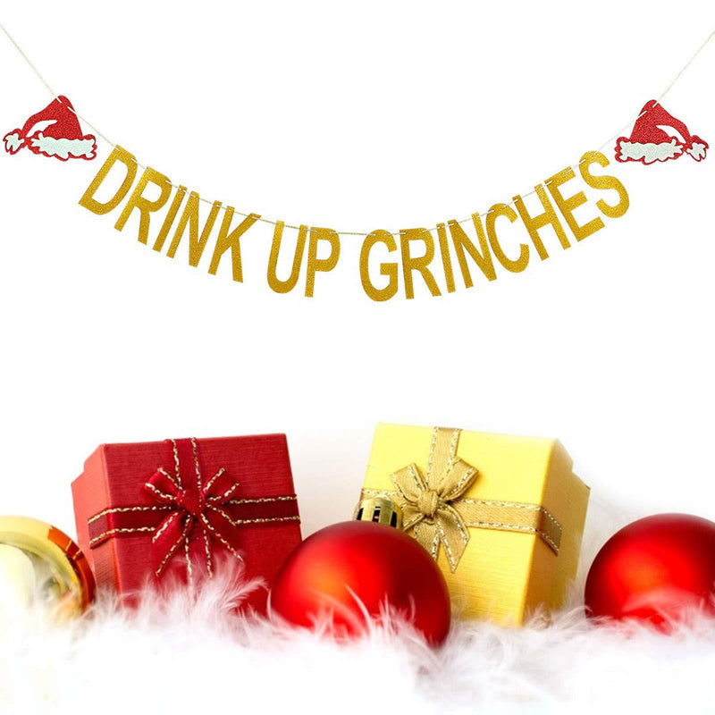 Gold Glitter Drink Up Grinches Christmas Hat Banner for Christmas Party Decoration - PawsPlanet Australia