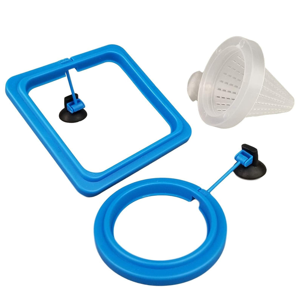 [Australia] - Bluecoco 3 Pieces Fish Feeding Ring + Worm Feeding Cup,Fixed-Point Feeding, Fish Safe Floating Food Feeder Circle Blue, with Suction Cup,Easy to Install Aquarium, Square and Round Shape Fish Feeder 