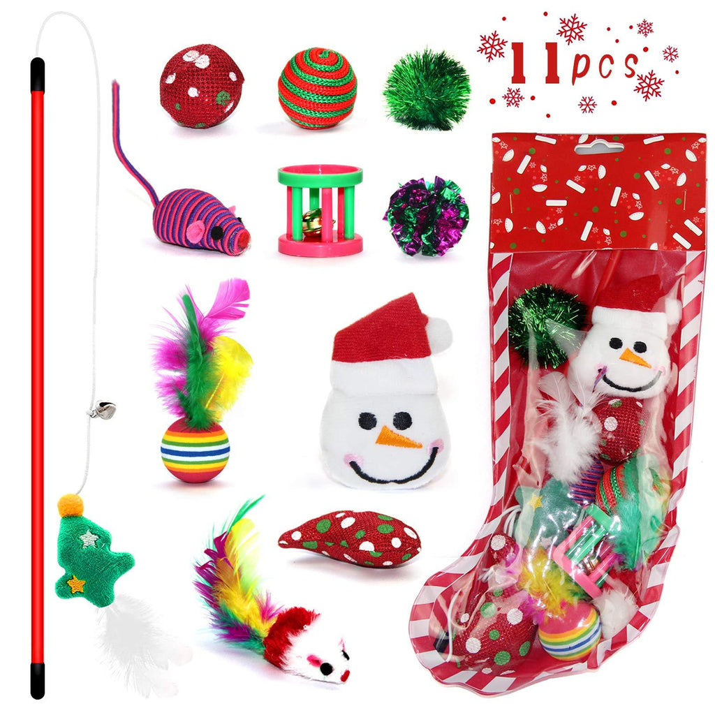 [Australia] - Christmas Cat Toys Stocking, 11PCS Interactive Christmas Cat Toys for Indoor Cats, Assorted Christmas Stocking Kitten Toys Gift Set with Cat Teaser Wand, Catnip Fish, Ball, Plush Toys and Mice Toys 