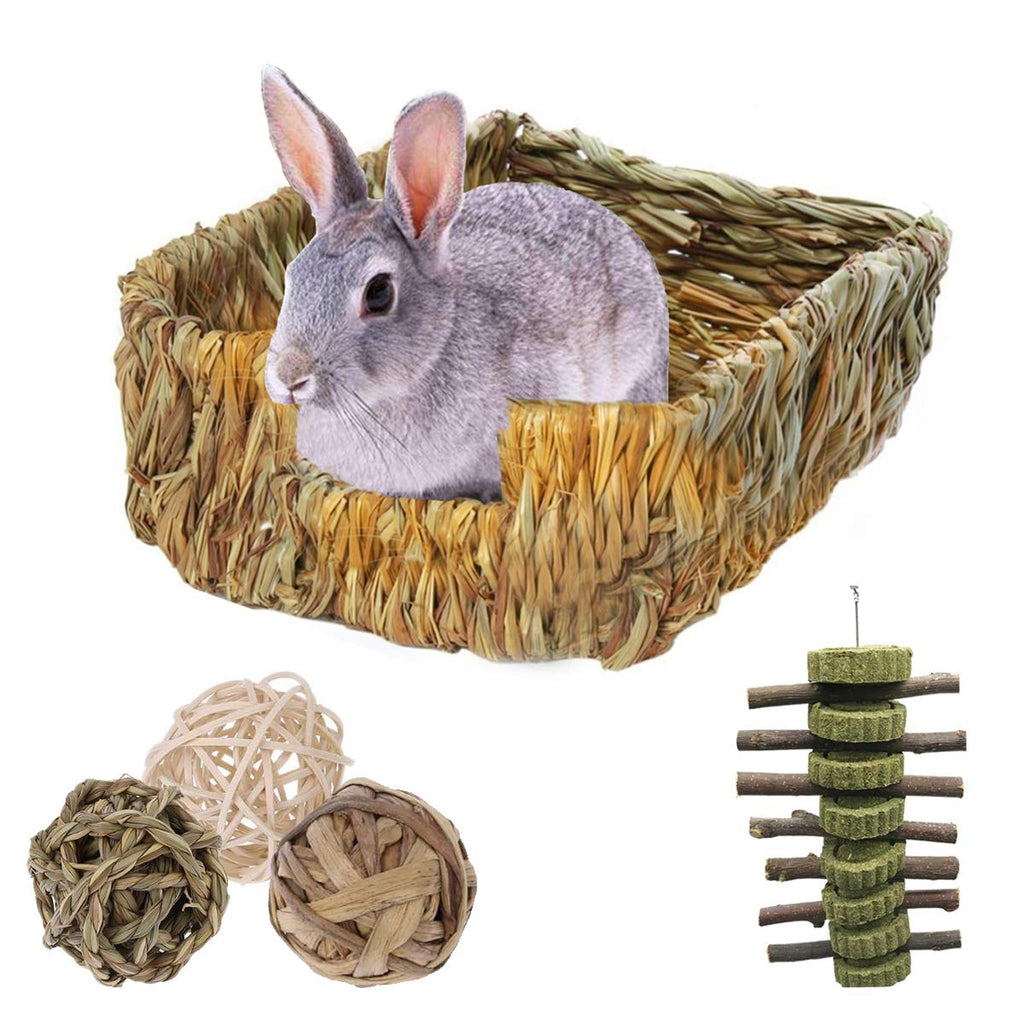 [Australia] - HERCOCCI Grass Bed for Rabbit, 3 Pack Woven Grass Ball Hay Rabbit Basket Bedding Mat with Organic Apple Wood Sticks Chew Toys for Bunny Guinea Pig Hamster Chinchilla Rat Small Animal 